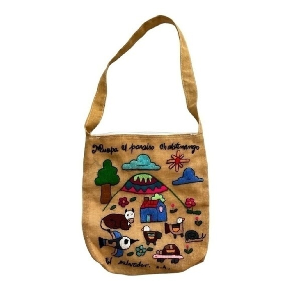 Unique Hand Embroidered Canvas Tote Bag Artisan Shoulder Purse Multicolor NWOT - Picture 2 of 5